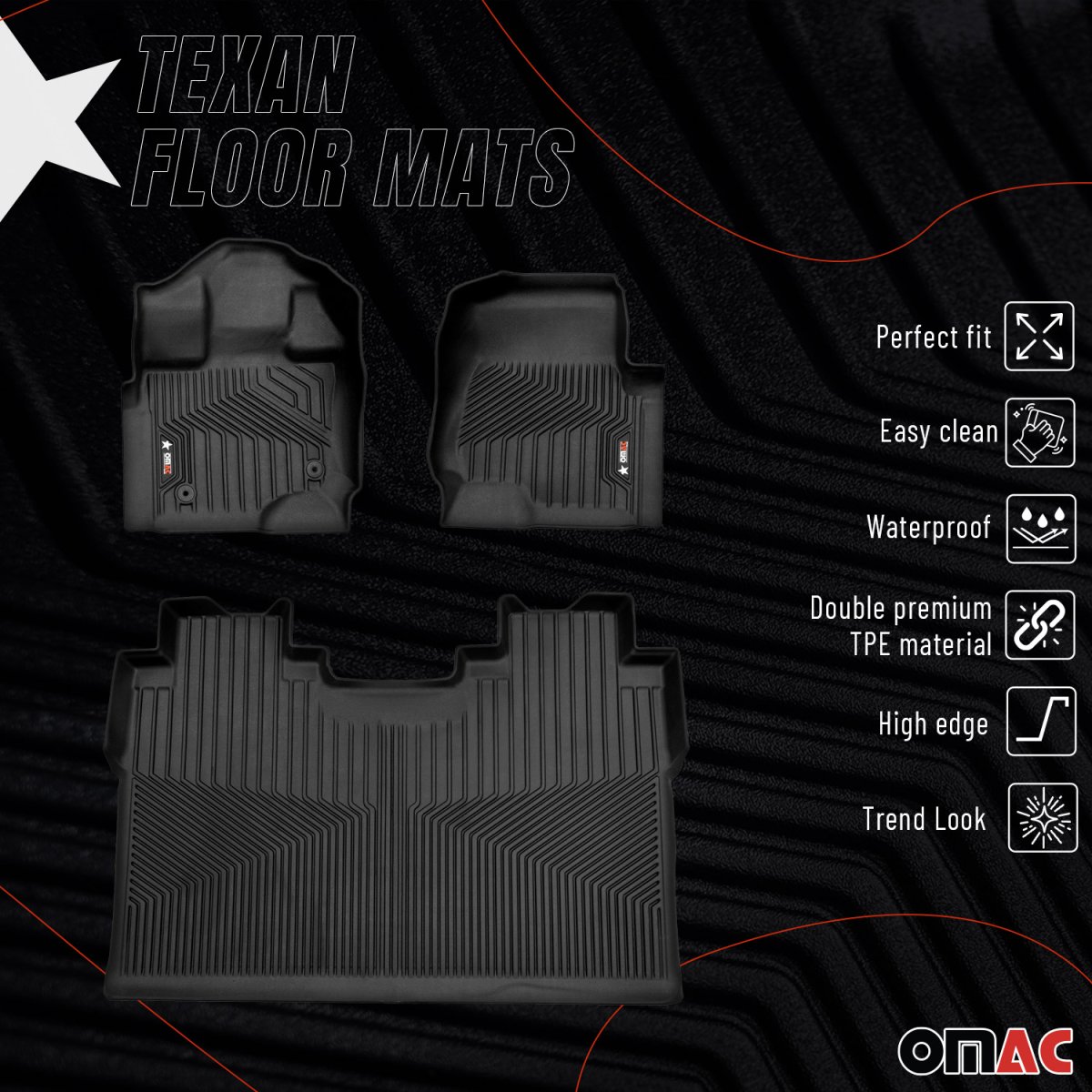 Ford F-150 Crew Cab Floor Mats - Omac - 3D Texan Premium TPE - Black - '14-'20
